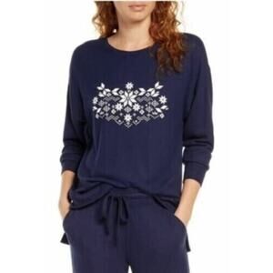 BP Women's Navy Snow Flakes Cozy Lounge Pullover Top Small